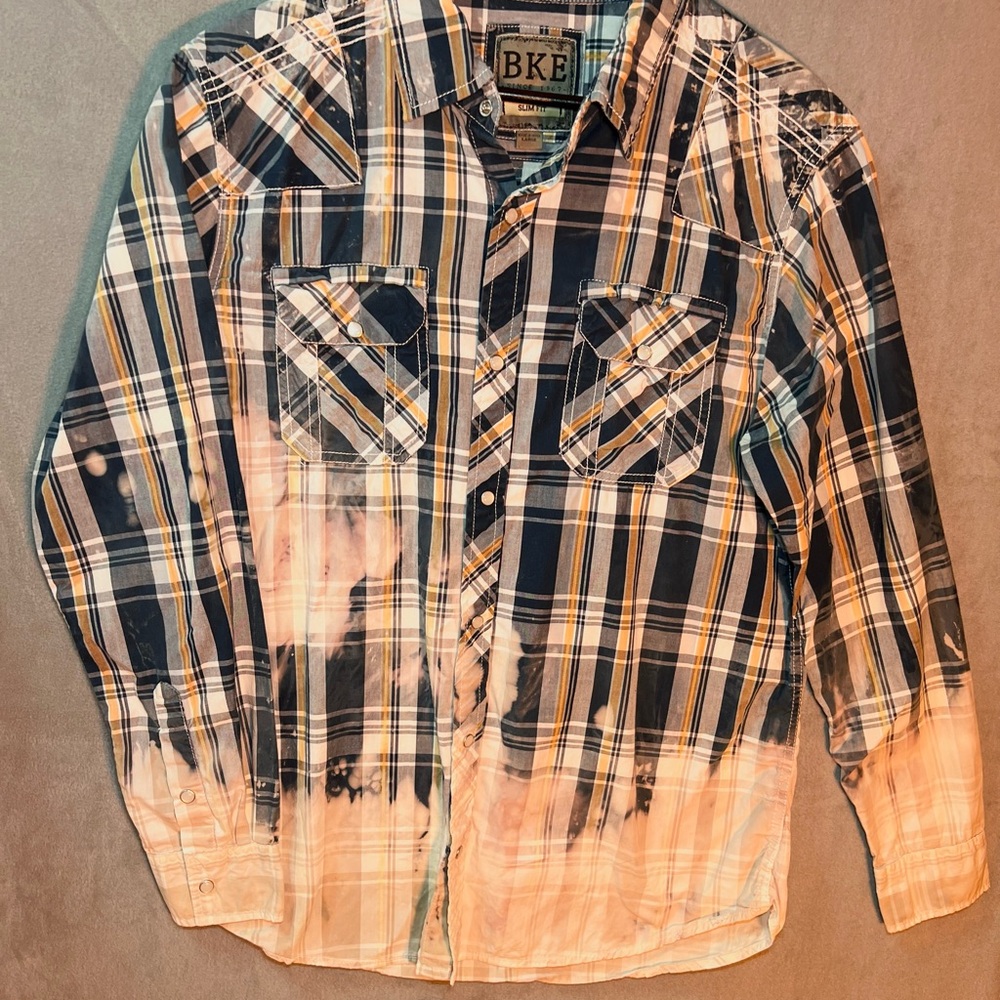 BKE Mens L Bleached Plaid Pearl Snap Long Sleeve, Blue/Tan Western Retro Sytle